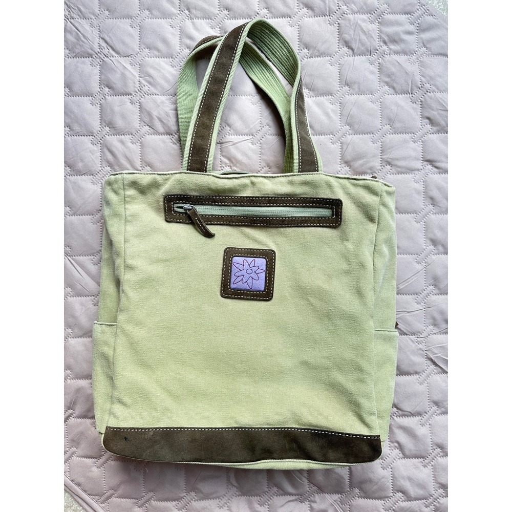 Vintage Sage Green Canvas Flower Tote Bag Brown Suede Trim‎ Y2K Aesthetic